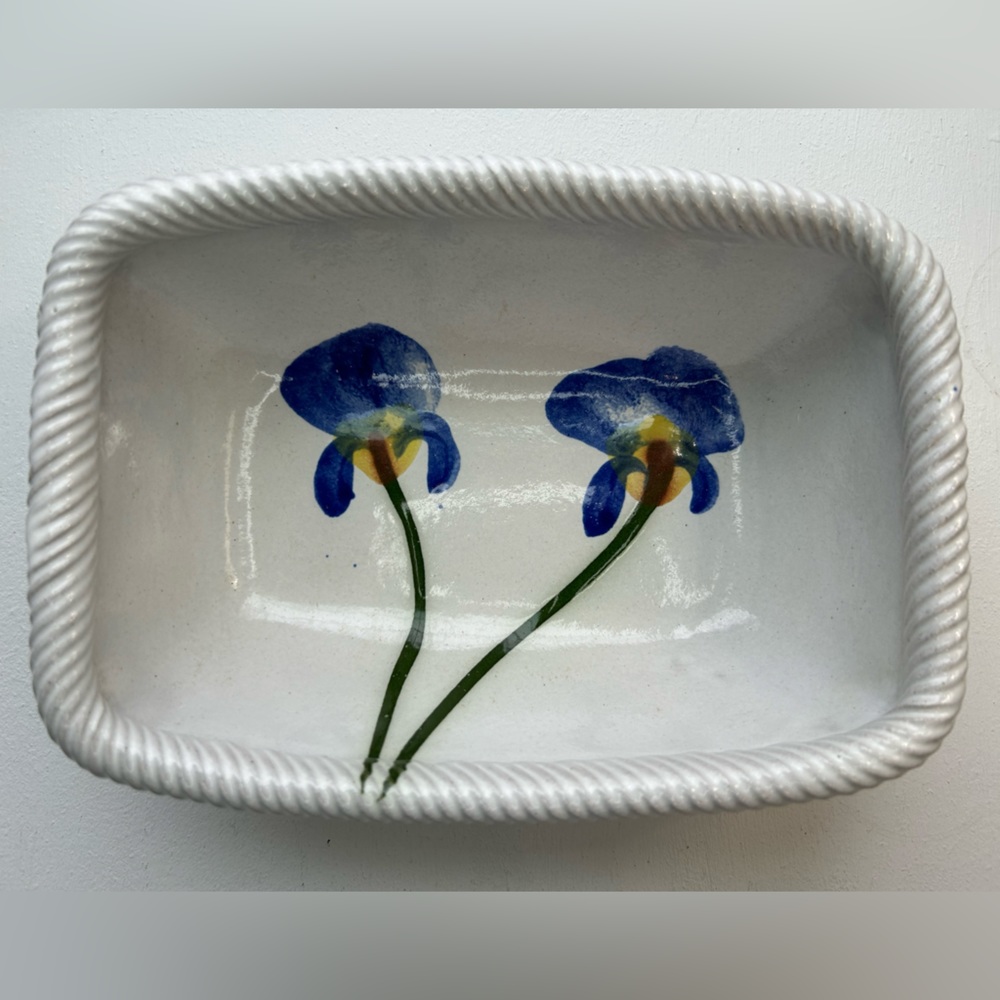 Blue iris handmade off white pottery ribbed edge casserole dish stamped